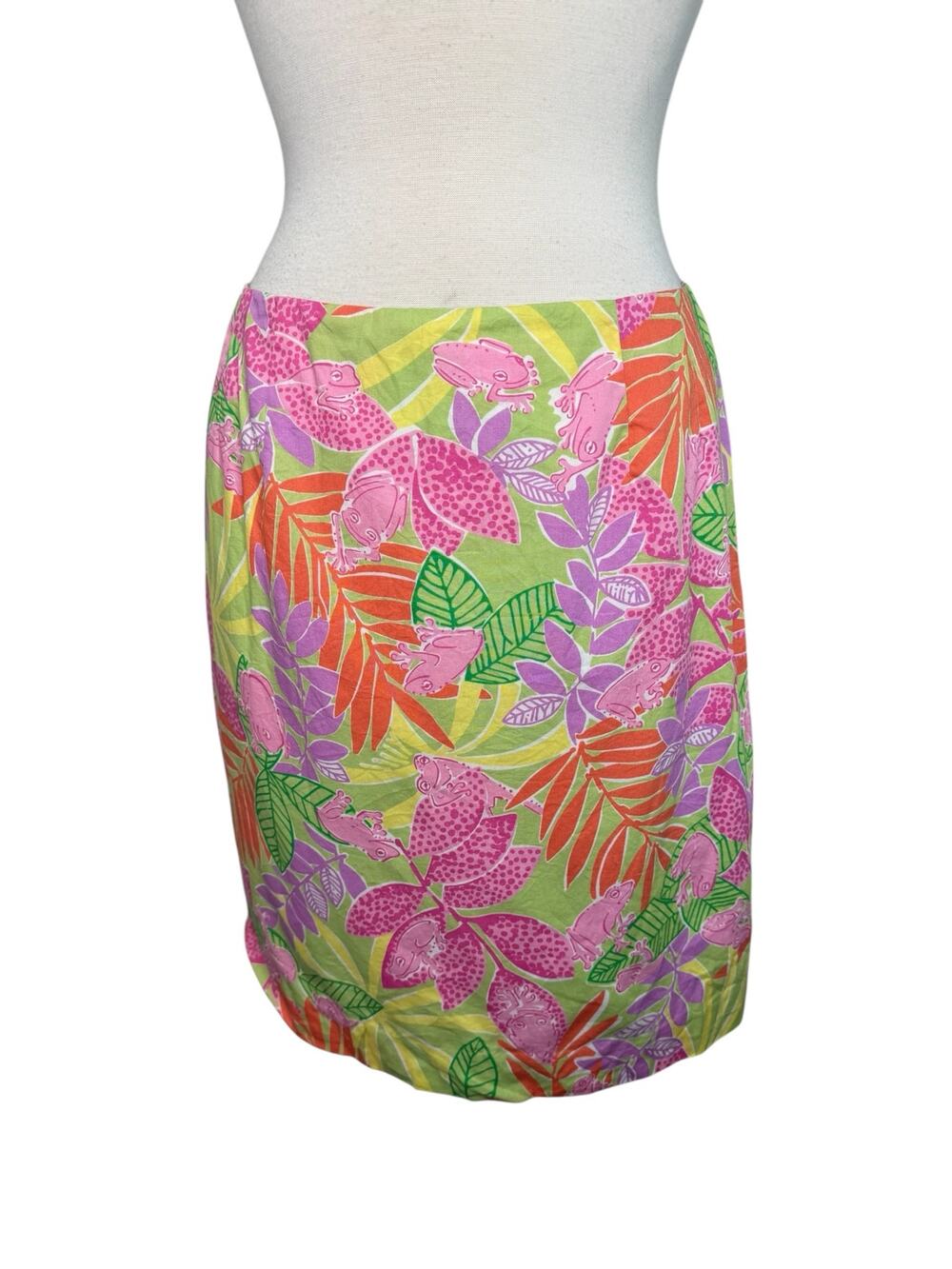 Vintage 90s LILLY PULITZER Pink Tree Frog Print Pencil Skirt Lined Size 10 Leaf